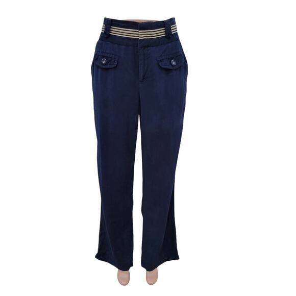 Anthropologie‎ Elevenses Women's Linen Blend Trouser Pants Size 12 Navy Blue - Picture 1 of 12
